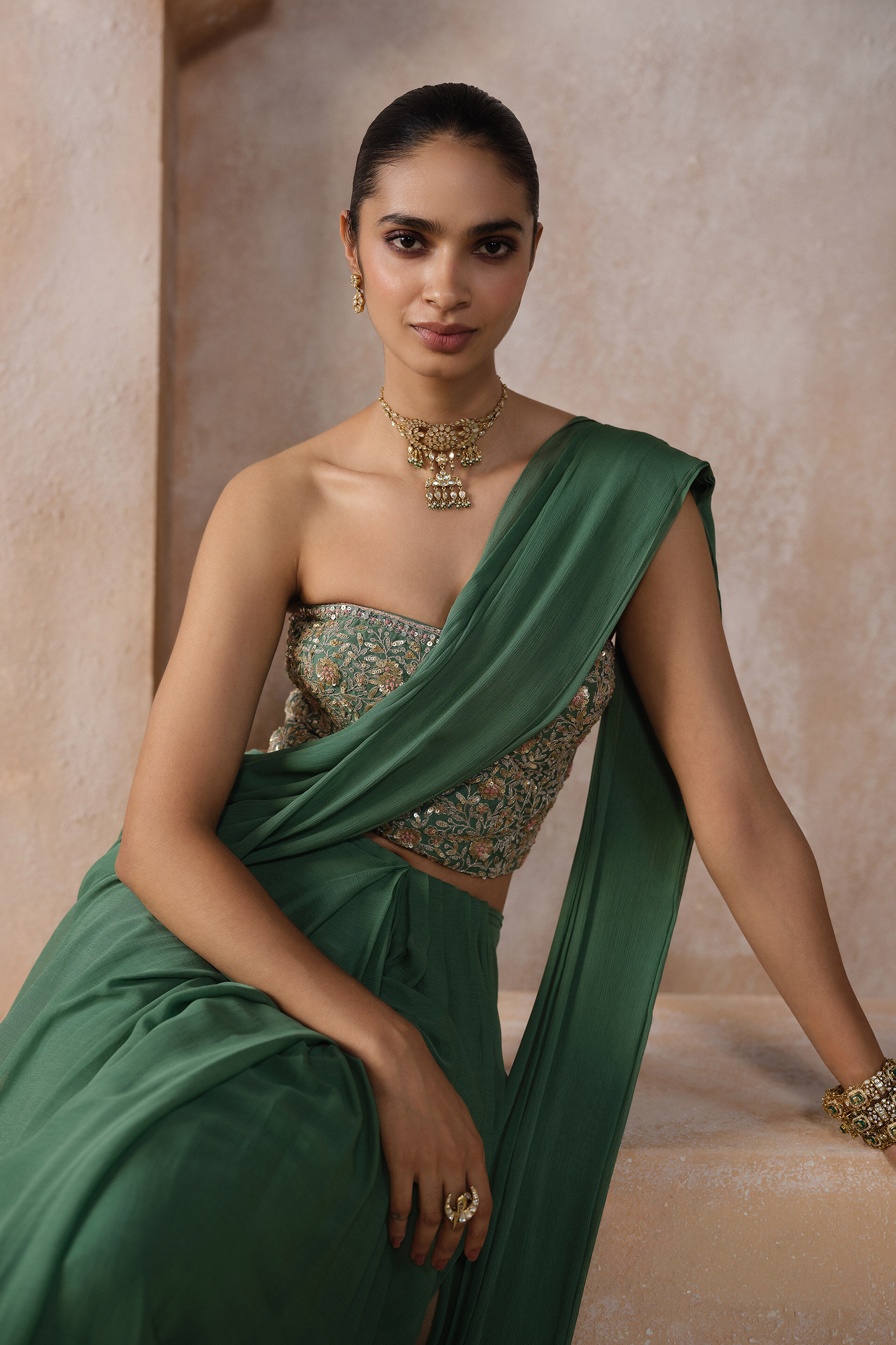 Neerudhi Embroidered Cord Pre-draped Saree - Sage Green, Sage Green, image 3